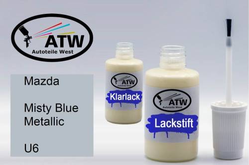 Mazda, Misty Blue Metallic, U6: 20ml Lackstift + 20ml Klarlack - Set, von ATW Autoteile West.